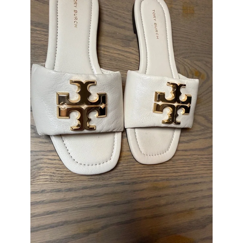 Tory Burch Eleanor Slide Sandals New Ivory Leather Gold Logo Flat 5M